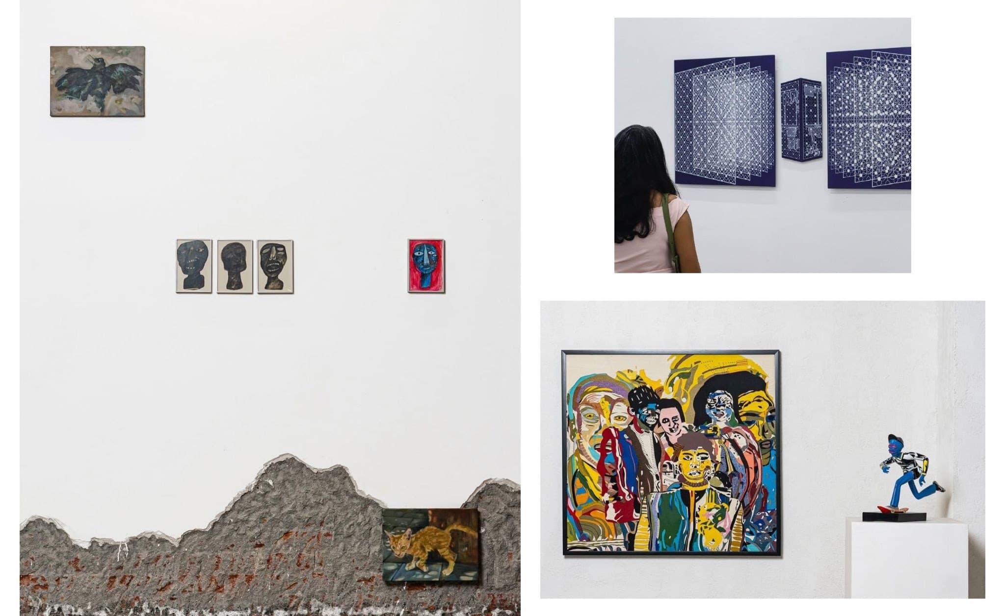 Installation views of small framed works, a visitor looking at blue panels, a painting and a small sculpture on a plinth.