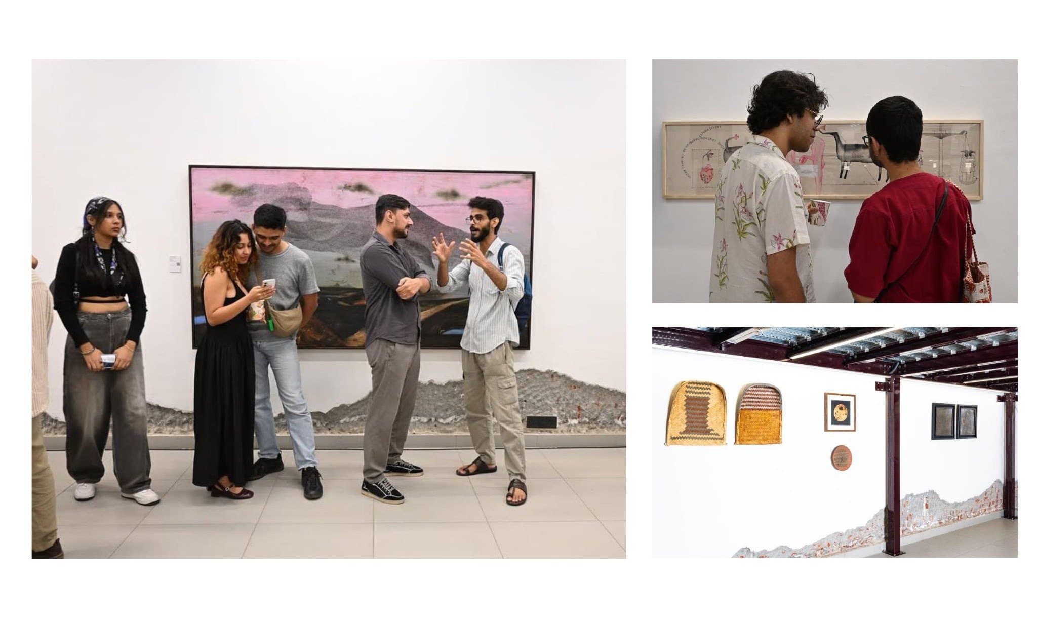 Visitors talking in front of a painting, two people in conversation, and a view of small works on the gallery wall.