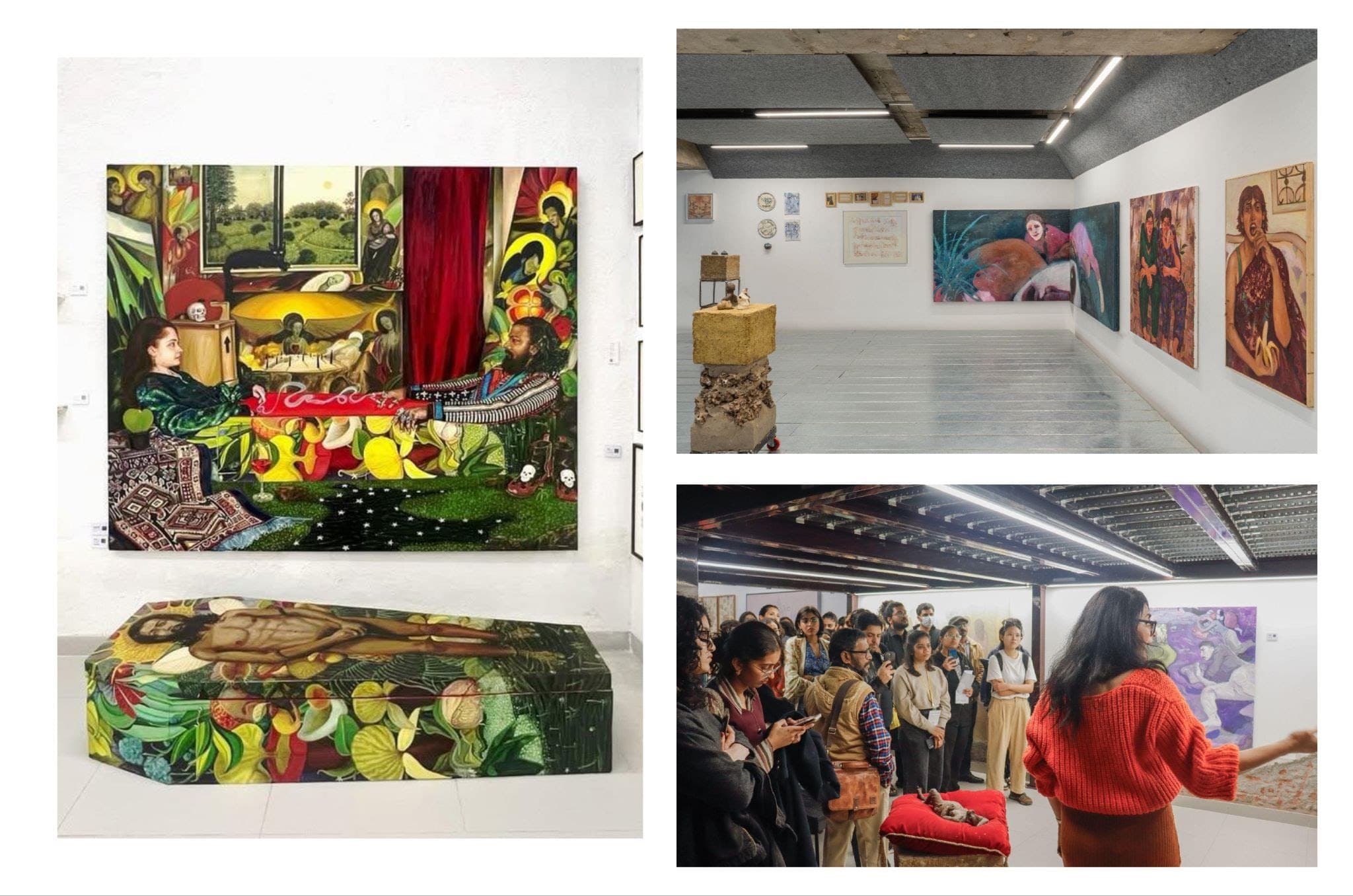 A painted trunk beneath a colourful painting, a wide view of the gallery, and a crowd at the opening.