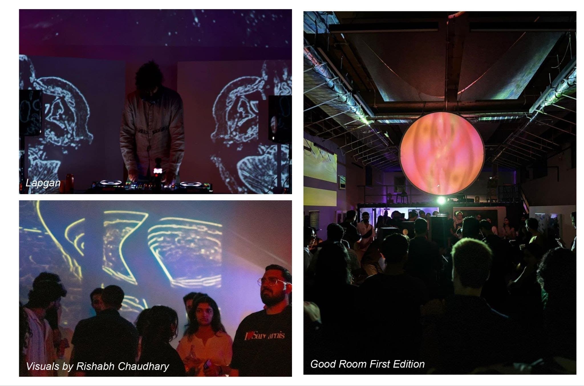 A DJ in front of projected visuals, a crowd under projections, and a glowing sphere above a full room.