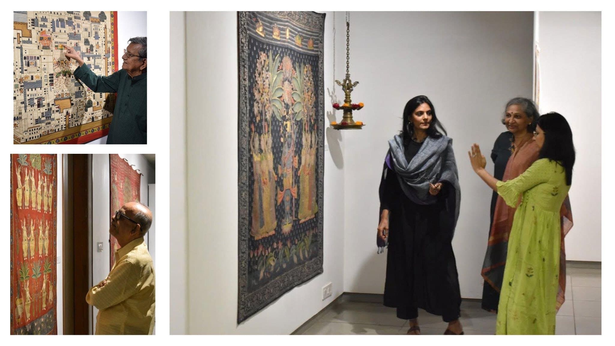 Visitors studying Pichwai paintings, and two women talking beside a large hanging.
