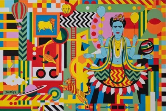 A densely patterned painting by Jayesh Sachdev with a many-armed blue figure seated at its centre.