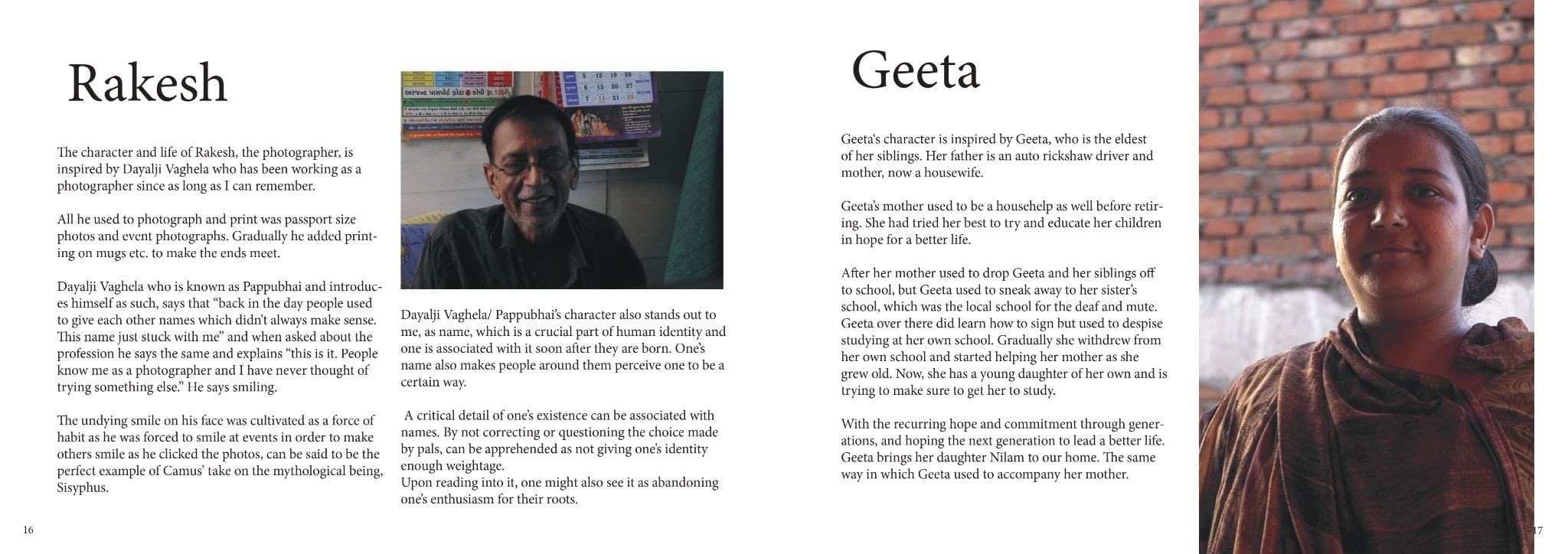 Deck spread introducing the characters Rakesh and Geeta with portraits of the people who inspired them.