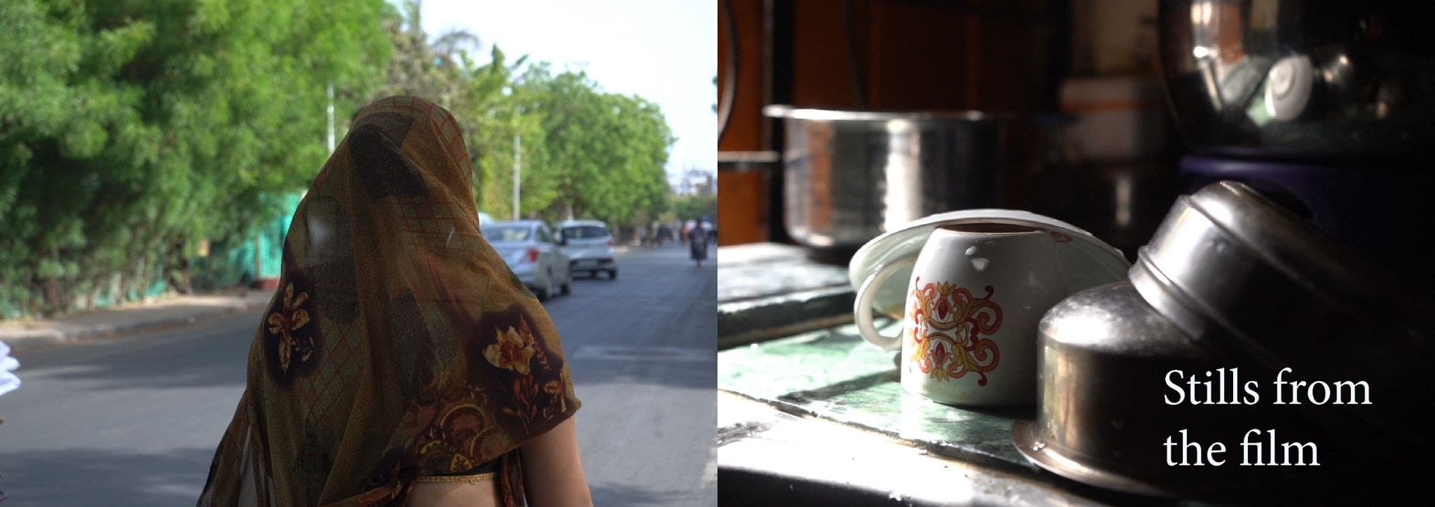 Deck spread of stills from the film, a woman walking on a street and steel vessels in a kitchen.