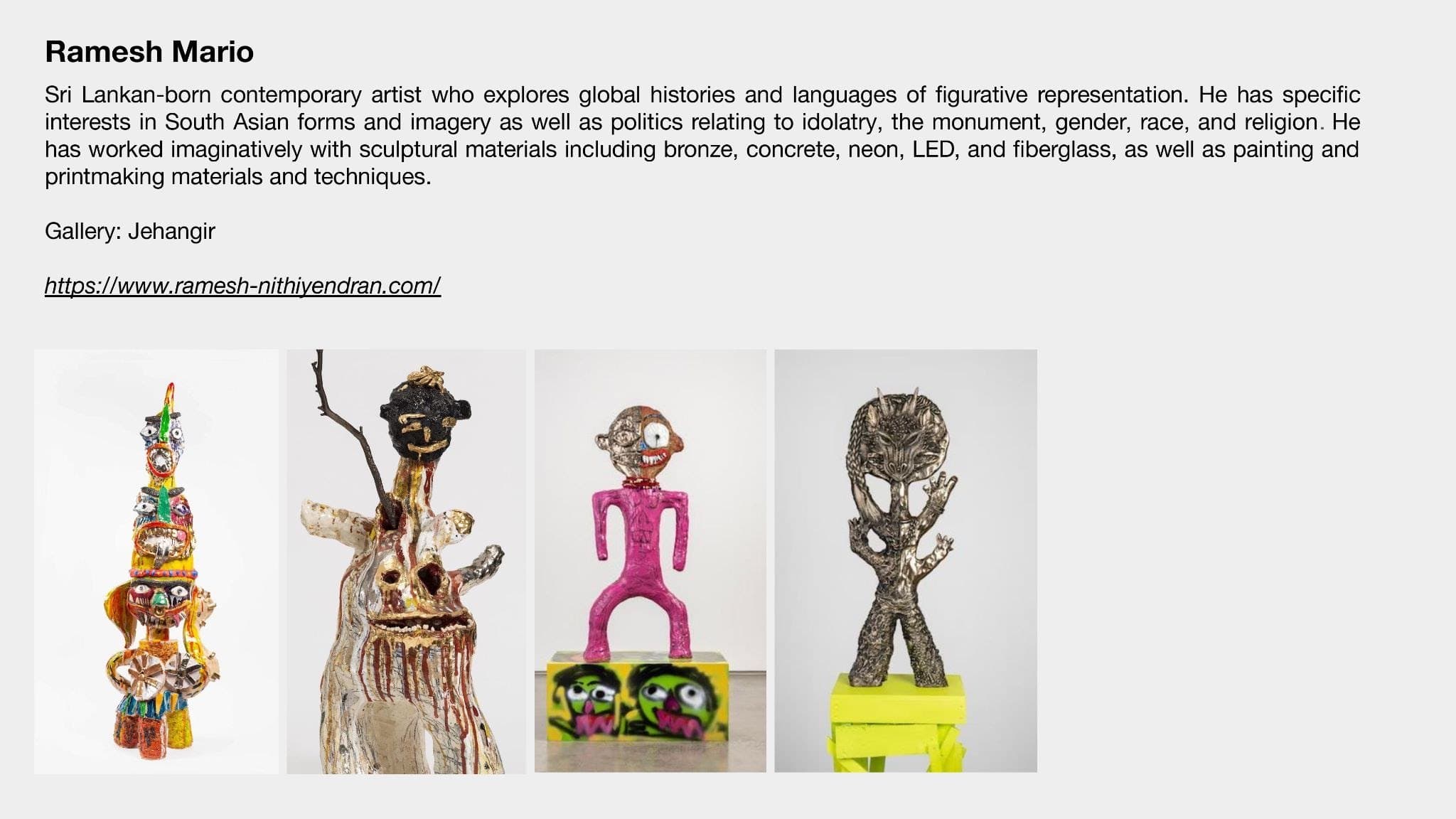 Roster page profiling Ramesh Mario with four sculptural figures.