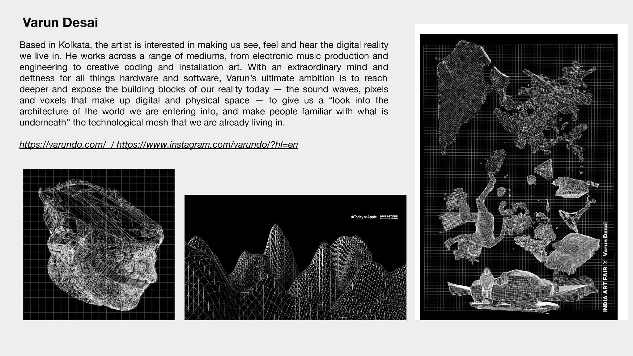 Roster page profiling Varun Desai with three digital wireframe works.