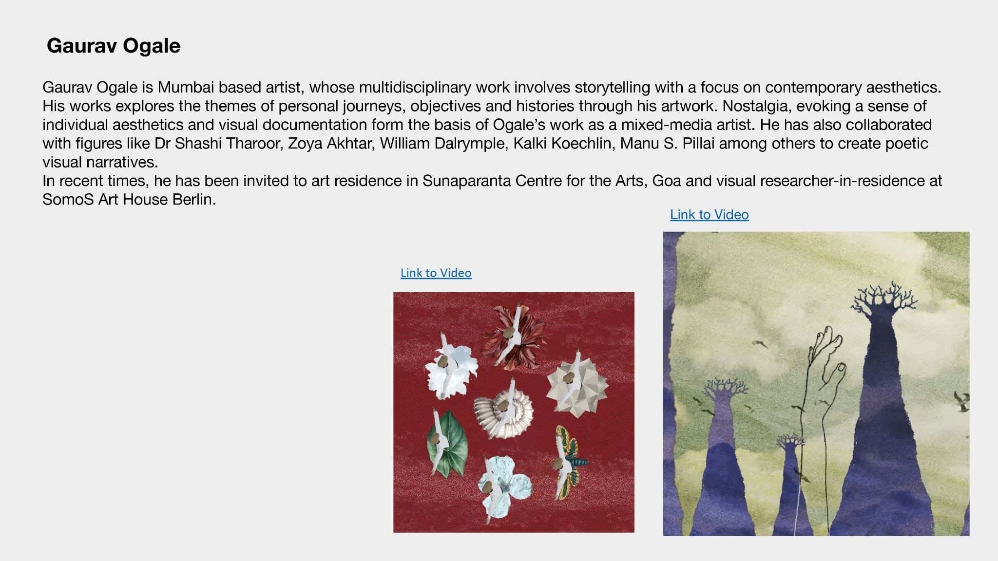 Roster page profiling Gaurav Ogale with two mixed-media works.