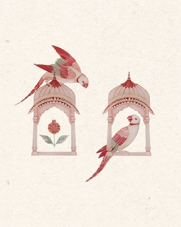 An illustration in the Pichwai manner of two red and white parrots perched on small pavilions.