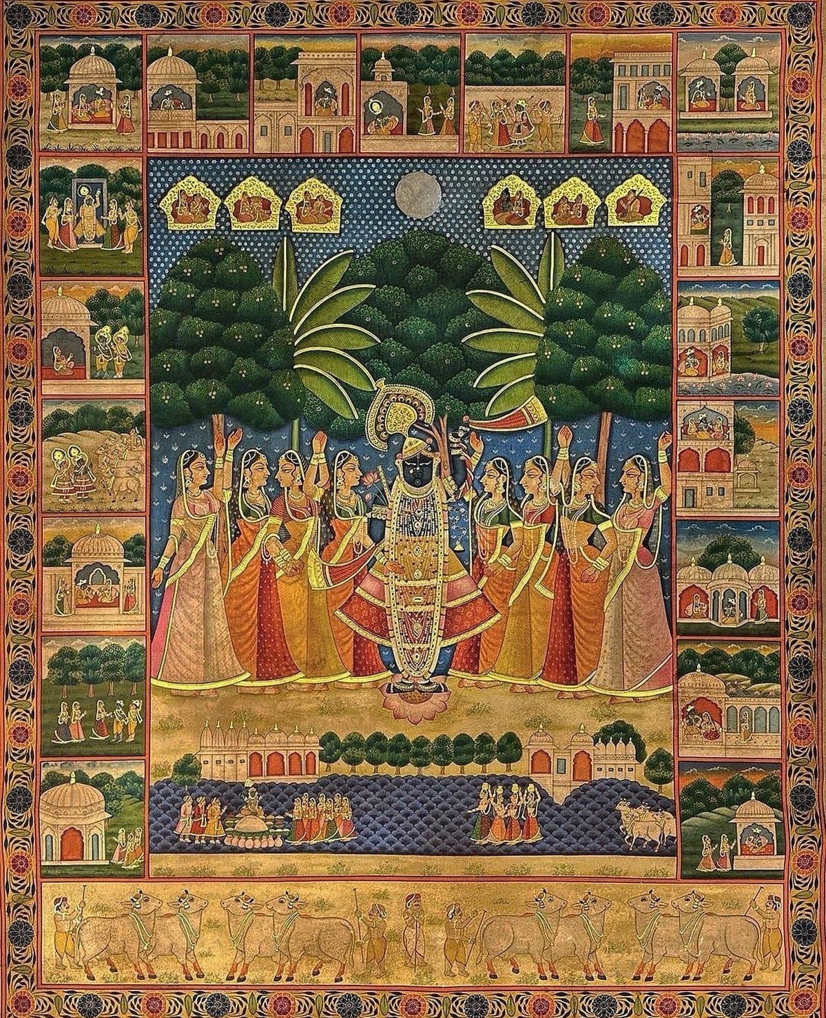 A detailed Pichwai painting of Shrinathji beneath trees, framed by small narrative panels.