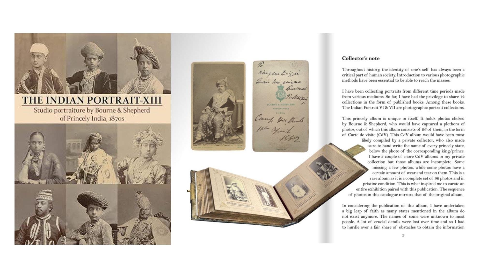 A spread from The Indian Portrait XIII, with studio portraits from princely India and an antique photograph album.